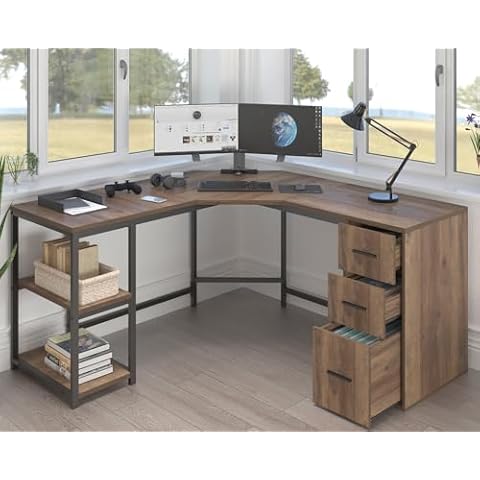 LVB Rustic L Shape Computer Desk with File Cabinet, Reversible Corner L-Shaped Desk with Drawers Storage Shelf, Modern Large Wood L Shaped Work Study Writing Gaming Desk Table for Home Office, 60 in Cover