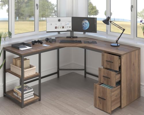 LVB Rustic L Shape Computer Desk with File Cabinet, Reversible Corner L-Shaped Desk with Drawers Storage Shelf, Modern Large Wood L Shaped Work Study Writing Gaming Desk Table for Home Office, 60 in