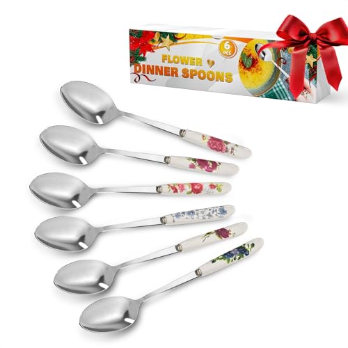 Sugar Spoon Set of 6 – Elegant 8.3″ Floral Table Tablespoons Set with Non-Heating Ceramic Handle for Secure & Comfortable Grip – Food-Safe & Corrosion-Resistant Stainless Steel Soup Spoons Silverware