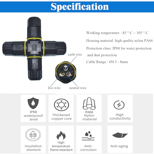 Connecteur de câble extérieur à 3 pôles IP68 avec boîtier de jonction en X 4 voies