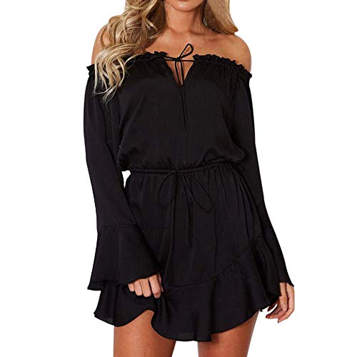 OOEOO Women Solid Color Off Shoulder Flare Sleeve Party Club Mini Dress(Black,M)