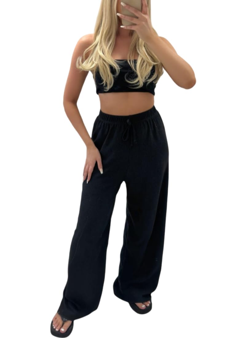 StyleWear Ladies Plain Flared Leg Drawstring Waistband Palazzo Womens Elasticated Waist Wide Leg Trouser Casual Relaxed Lounge Pants Black