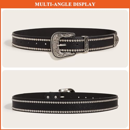 Punk Studded Belt for Women Men, Western PU Leather Belts with Embossed Adjustable Buckle Waist Strap2