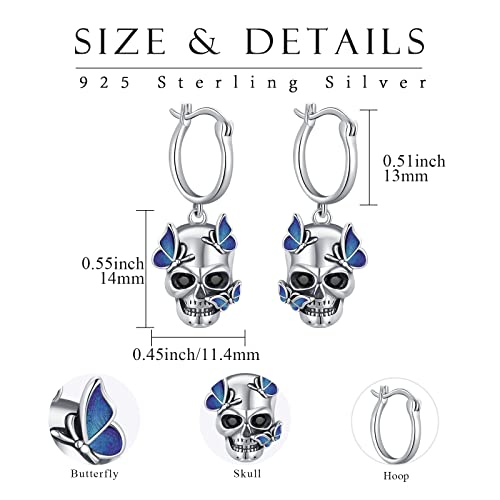 Skull Hoop Earrings Skull Dangle Earrings With Blue Butterfly 925 Sterling Silver Goth Punk Skull Earrings Gothic Skull Jewelry Gifts For Women Girls Graduation #TOP5