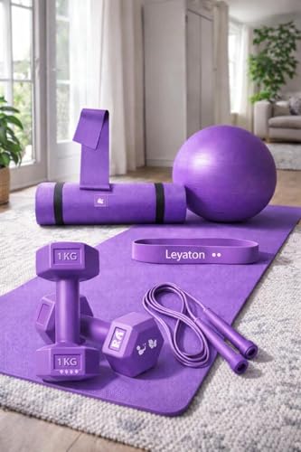 Pilates Seti; 20 cm Pilates Minderi, Pilates Topu, Squat Band, Direnç Lastiği, Atlama İpi, Dambıl, Mor
