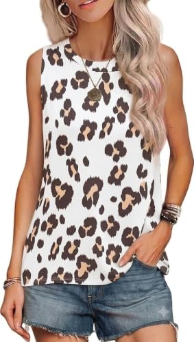 MINT PLUS PINK Women's Summer Loose Tank Sleeveless Animal Print Pattern Crew Neck Tunic Blouse Camisole Top Leopard Ivory Taupe L