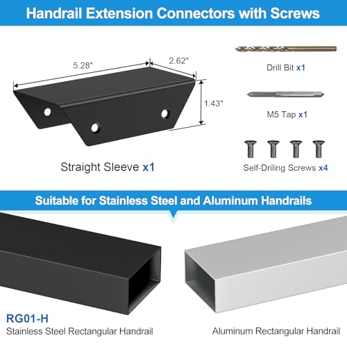 RailinGo Aluminum Extension Connector for Rectangular Handrail, Black Powder Coated Straight Sleeve for Cable Railing Handrail System, Flat Handrail Accessories, Black Wire Railing Kits, RG50