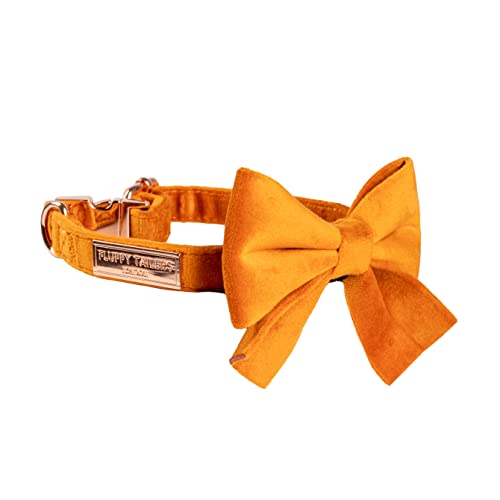 Fluffy Tailers Orange Velvet Luxury Adjustable Dog Collar Bowtie Comfortable Dog Collar with Detachable Bow Tie & Safety Buckle