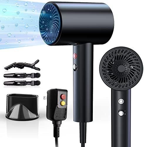 Ionic Hair Dryer, 1875W LED Smart Pro Salon Blow Dryer, Matte Metal Body Multi-Protection & Noise-Cancelling Hairdryer, Lightweight Constant Temp Negative Ions Hair Dryers, Black