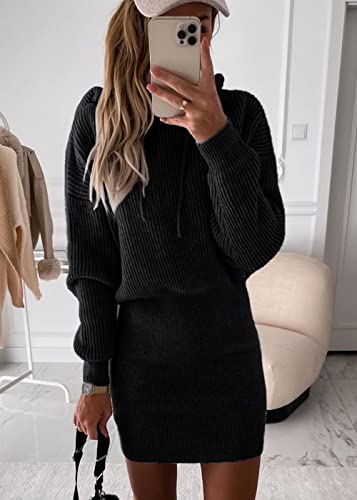Prettygarden Women's Winter Rib Knit Pullover Sweater 2023 Fashion Fall Dresses Long Sleeve Hooded Bodycon Dress (Black,Large) #TOP1