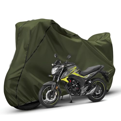 Image of Waterproof Bike Body Cover Compatible with Honda Unicorn Dustproof Scratchproof - Motorcycle Cover for Two Wheeler, Outdoor Full Cover with UV, Duty, Rain Protection (Olive with Black) R1