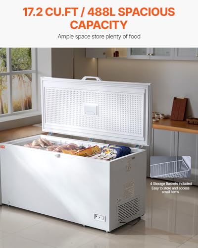 VEVOR BD-505JA 17 Freestanding Top Open Door Commercial Chest Freezers, Large Deep Removable Baskets, Locking Lid, Adjustable Temp for-18.4℉-10.4℉/32℉ to 50℉, LED Lighting, 6 Wheels, 17.2 Cu.ft, White on Fridge.com