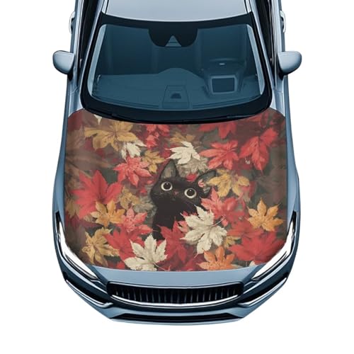 Image of Maple Leaf Cat Car Hood Cover All Weather Protection Auto Exterior Accessories Universal Fit Hood Covers for Cars, Trucks, SUV, or Van Full Coverage Thanksgiving Decor