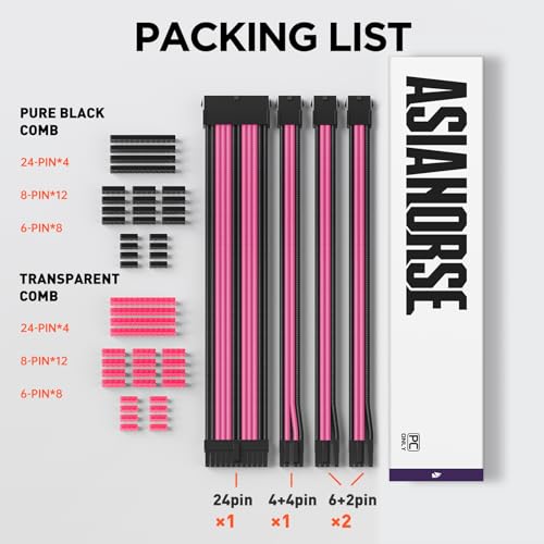 Image of AsiaHorse Upgraded 16AWG PSU Cable Extension Sleeved Custom Mod GPU PC Power Supply Soft Braided Cables (Black-Pink) with Two Color Comb Kit 24P /8P to 6+2P /8P to 4+4P 30CM