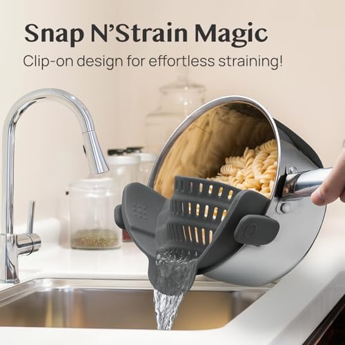 Original Kitchen Gizmo Strainer for Pots, Pans, and Bowls - Adjustable Silicone Clip on Colander - Snap N Strain Kitchen Gadget for Fruits, Veggies, Salads, Pasta, and More - Dishwasher Safe - Grey - 2