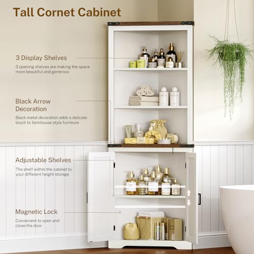 Image of TEENFON Farmhouse Corner Cabinet, 70 inch H Tall Corner Hutch with 5 Shelves & 2 Barn Doors, Bathroom Cabinet with Adjustable Shelf, for Living Room, Kitchen, Bathroom, White