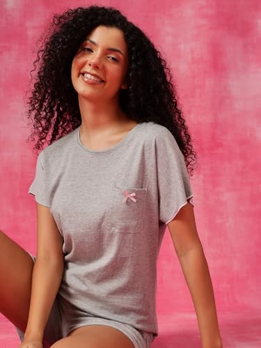 Image of Clovia Women's Grey Cotton T-Shirt & Shorts