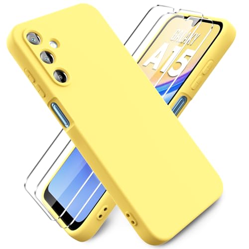 Ikziwreo - Funda para Samsung Galaxy A15 4G/5G, con 2 Pack Protector de Pantalla de Vidrio Templado, Carcasa de Silicona Suave Ultrafina, Case de Goma a Prueba de Choques a los Arañazos - Amarillo