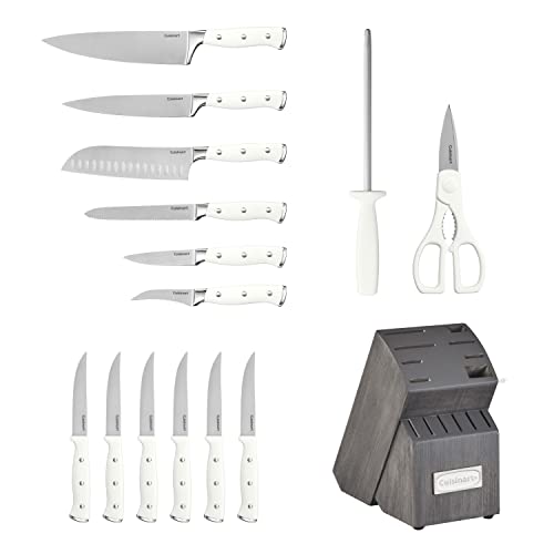 Cuisinart 15-Piece Knife Set with Block, High Carbon Stainless Steel, Forged Triple Rivet, White/Charcoal Gray C77WTR-15PCG