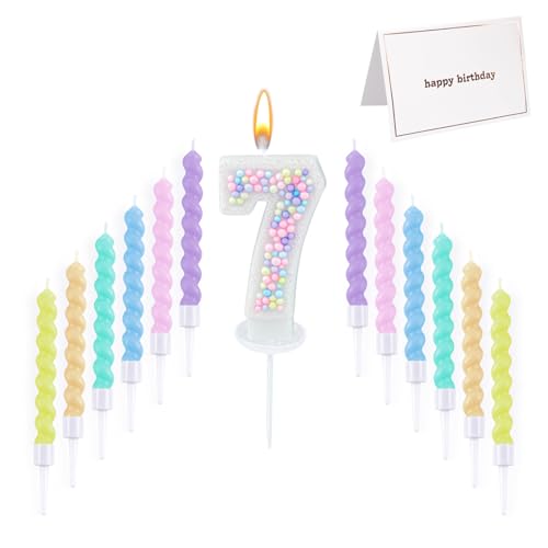 Zuiaso Number Birthday Candle with 12PCS Spiral Candles and A Birthday Card - Perfect for Celebrating Birthdays (Macaron Glitter, Number 7)
