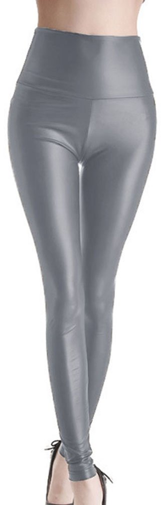 Simplicity Women High Waist PU Leather Tight Leggings Pants, Grey, Size M