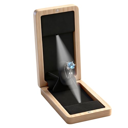 Yookin Wooden Engagement Ring Box For Proposal Jewelry Gift Box Wood Rotating Wedding Day Ring Box With Led Light Gift Packaging(Ash Wood)