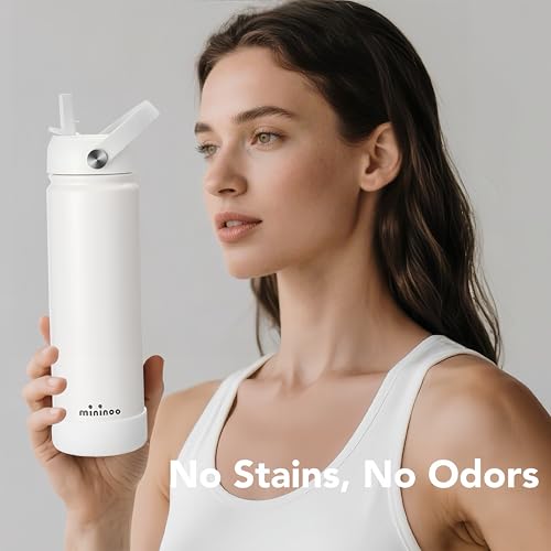 Insulated Stainless Steel Water Bottle with Straw, Ceramic-Lined, BPA-Free & Leak-Proof, 24 oz, White