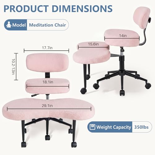 Image of DUMOS Ergonomic ADHD Meditation Office Desk Chair with Adjustable Backrest, Cross Legged Chair Height Adjustable with 360 Swivel Footstool, Yoga Stool for Home Office, Teddy Fabric Pink