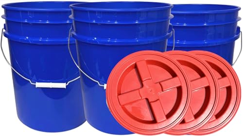House Naturals 5 Gallon Food Grade Blue Bucket with Red Screw on Lid- 3 Pack- Made in USA