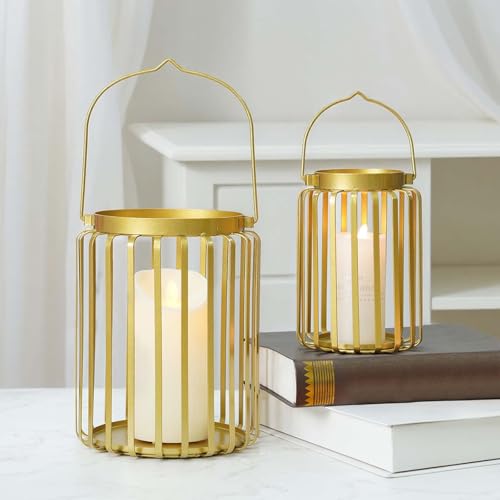 Kolnlala Farmhouse Lantern Decor Set of 2.Metal Candle Holders, Rustic Modern Vintage Style for Indoor Outdoor, Porch Patio Fireplace Mantle Wedding Decor (Gold,Candles not Included)