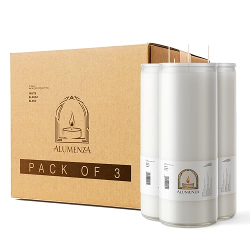 Alumenza 7 Day White Candle in Glass Jar – Clean Burning Unscented Paraffin Wax – Large & Tall Devotional Prayer Candles for Home, Church, Memorial, Rituals, Spells, Long Lasting Bulk 3 Pack