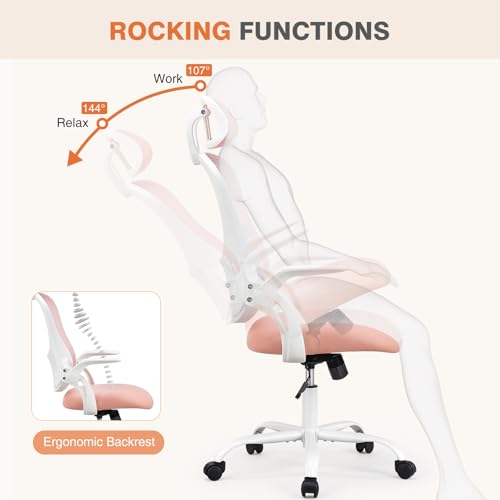 Sweetcrispy Home Office Desk Chair, Ergonomic High-Back Mesh Rolling Work Computer Chairs with Wheels and Adjustable Headrests, Comfortable Lumbar Support, Comfy Flip-up Arms for Bedroom, Study, Grey