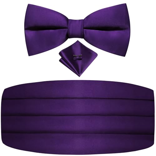 Image of Dubulle Mens Cummerbund and Bow Tie Set Paisley Floral Pretied Bowties for Men Pocket Square Cufflinks Wedding Business