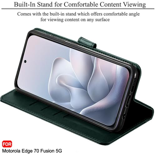 Image of TheGiftKart Flip Cover Back Case for Motorola Moto Edge 70 Fusion 5G | Genuine Leather Finish | Designer Button | Inbuilt Pockets & Stand | Wallet Style Flip Back Cover Case (Faux Leather, Green)