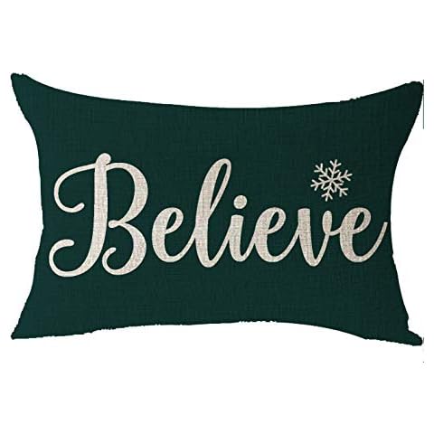FELENIW Merry Christmas Believe Snowflake Happy Winter for Family Cotton Linen Decorative Throw Pillow Cover Cushion Case Lumbar 12''X20''inches Cover