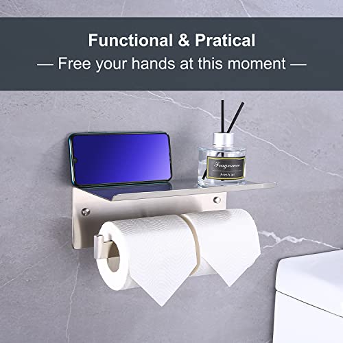 Crw Double Toilet Paper Holder With Shelf, Commercial Toilet Paper Dispenser, Stainless Steel Dual Tissue Roll Holder For Bathroom, Brushed Nickle Wall Mounted Rustproof #TOP4