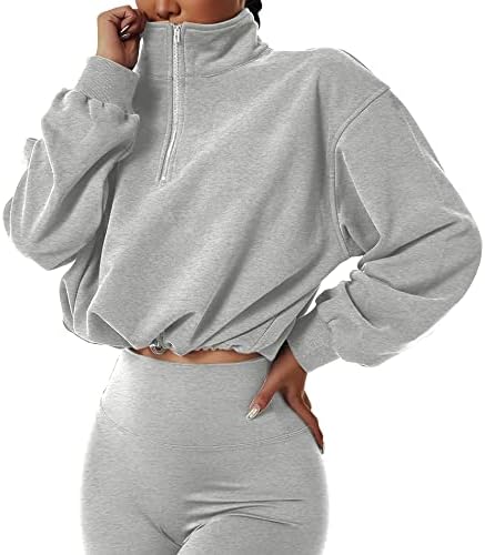 Songling Women's Half Zip Cropped Sweatshirt Long Sleeve Stand Collar Running Workout Pullover Sweatshirts Athletic Tops (Gray,S)