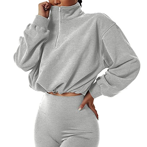 Songling Women's Half Zip Cropped Sweatshirt Long Sleeve Stand Collar Running Workout Pullover Sweatshirts Athletic Tops (Gray,S) #TOP3