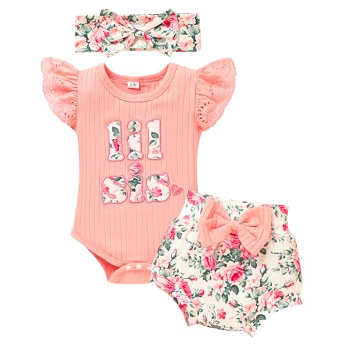 Image of ZOELNIC Baby Girl Clothes Infant Summer Outfits Set Ruffle Short Sleeve Top+Flower Print Shorts+Bow Hairband 3 Pcs Set