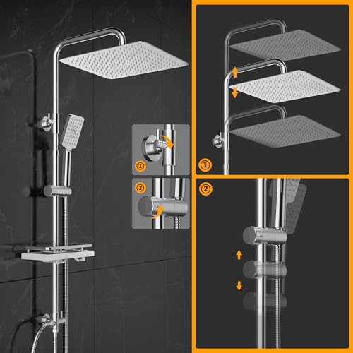 GöRbach Colonna Doccia Idromassaggio Acciaio Inox Senza Miscelatore Fori Muro Regolabili Cromo Asta Doccia Set Doccia A Pioggia Con Doccetta,Porta Ogetti Mensola E Soffione Doccia 30 * 30 Cm - 5