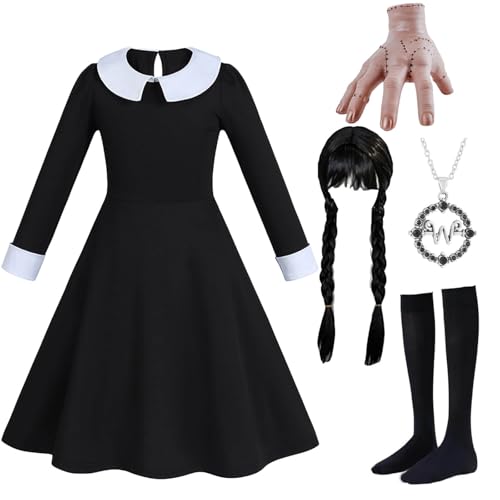 6pcs Girls Halloween Costume Girls Black Dress Long Sleeve with Wig Necklace Sock 3-14Y(7-8 Years)
