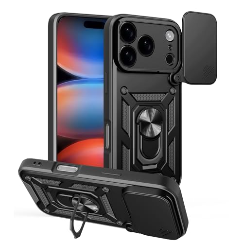 BOKYAS Funda para iPhone 17 Pro con Tapa de Cámara y Soporte de Anillo [Funciona con Soporte Magnético para Coche] Carcasa Anti-caída Grado Militar, Negro product image