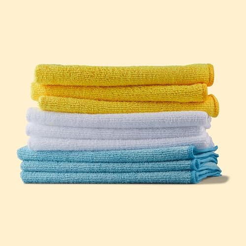 Amazon Basics Microfiber Cleaning Cloths, Ultra Absorbent, Lint Free, Streak Free, Non-Abrasive, Reusable and Washable, 16" x 12", Blue/White/Yellow, Pack of 24 - 5