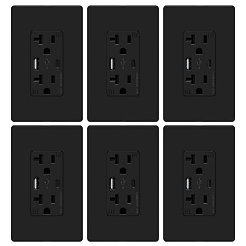 Webang Usb Wall Outlet, Charger Outlet With 5.0 Amp Type A & Type C Usb Ports, 20A Duplex Tamper Resistant Receptacle, Screwless Wall Plate Included, Etl Listed, Black, 6 Pack #TOP29