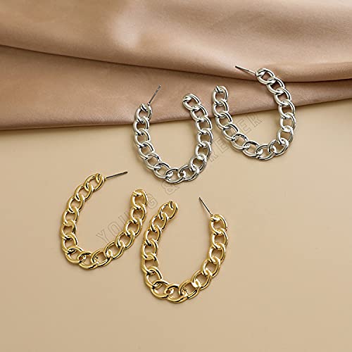 Image of Young & Forever Gift Stainless Steel Curb Chain Hoop Earrings for Women Big Hoop Dangle Earring for Women Oval Earrings Thin Geometric Hoop Earrings