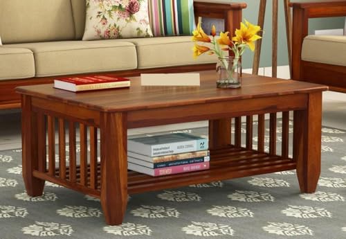 Image of Solid Sheesham Wooden Centre Table Coffee Table & Sofa Center Table Teapoy for Hallway Decor - Wooden Coffee Table for Living Room Home Furniture Decor (Honey)