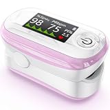 Alecaremed Pulse Oximeter, 4 Color OLED Display Oxygen Monitor Fingertip with 20 × Memory, Blood Oxygen Saturation Monitor (SpO2), Alarm & Brightness Adjustable, Batteries & Lanyard (Pink)