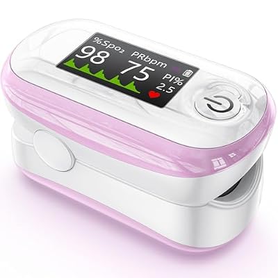 Alecaremed Pulse Oximeter, 4 Color OLED Display Oxygen Monitor Fingertip with 20 × Memory, Blood Oxygen Saturation Monitor (SpO2), Alarm & Brightness Adjustable, Batteries & Lanyard (Pink)