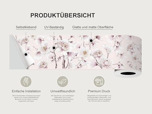 AG Design Selbstklebende Bordüre Magnolienblüten, AWB 8466 | Wasserfest Dekoration für Wände, Möbel, Tapeten, Wandverkleidungen und Türen, Folie | Breite 500 cm x Höhe 13.8 cm