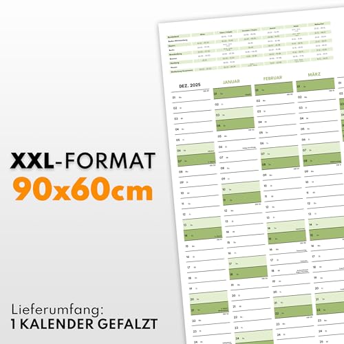 XXL Wandkalender 2026 groß (90x60cm) - Jahresplaner 2026 quer als Kalender für die Wand - Jahreskalender für 14 Monate mit Ferienübersicht - Kalender gefalzt für das Büro